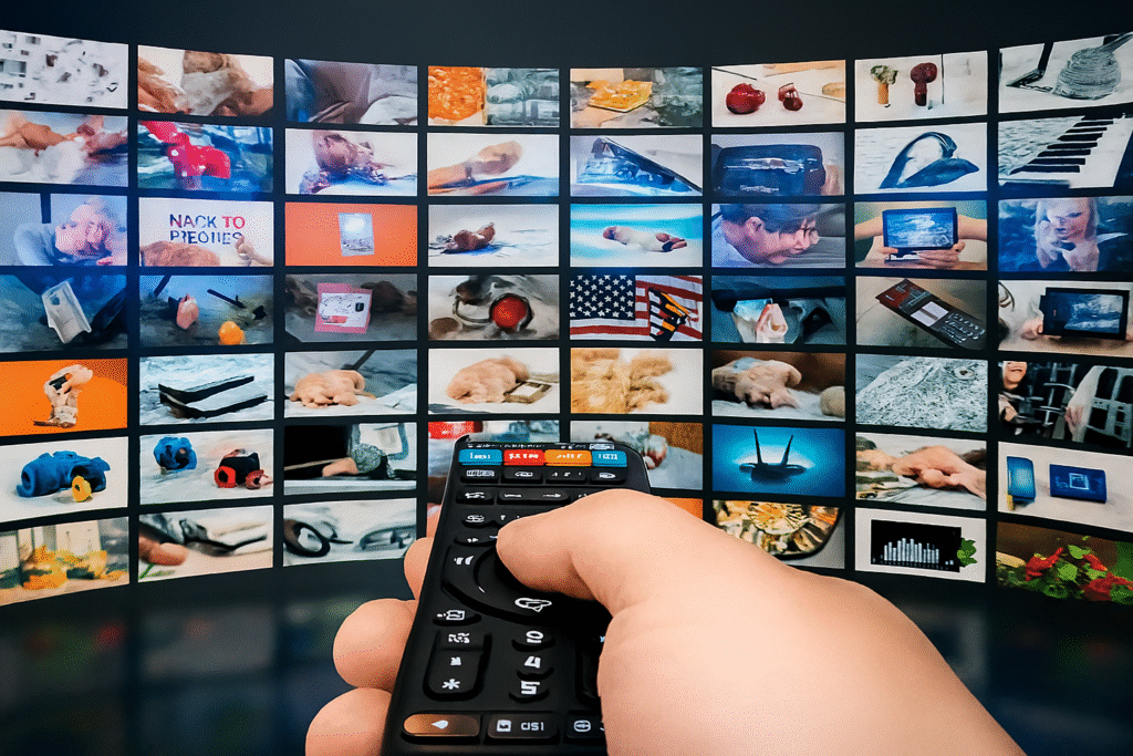 Person holding remote in front of tv - Usa iptv